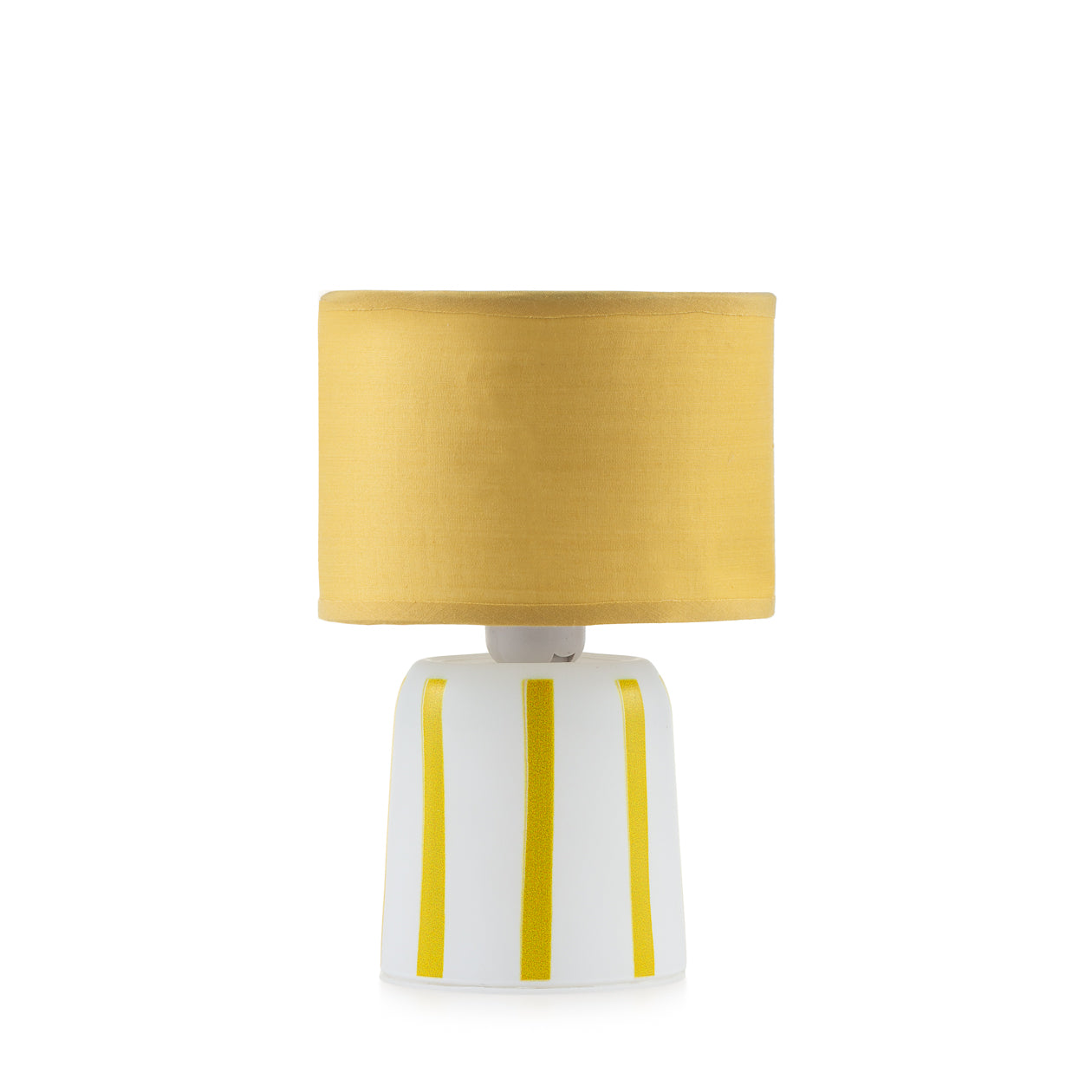 Lampada Emò con paralume giallo e base a strisce bianco e giallo
