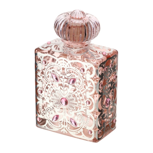 BOTTIGLIA VETRO BISANZIO 10,5X6XH17,5CM 500 ML ROSA ARGENTO C/PIETRE ROSA, TAPPO VETRO S.REG.