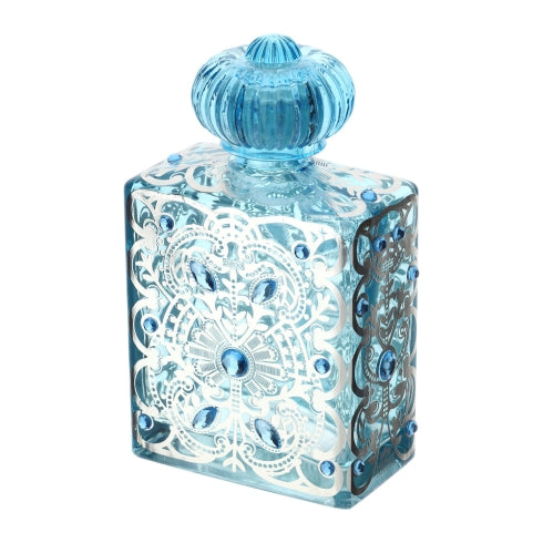BOTTIGLIA VETRO BISANZIO 10,5X6XH17,5CM 500ML AZZURRO/ARG.C/PIETRE AZZ., TAPPO VETRO S.R.
