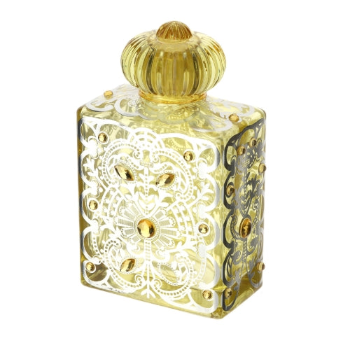 BOTTIGLIA VETRO BISANZIO 10,5X6XH17,5CM 500ML GIALLO ARGENTO C/PIETRE AMBRA, TAPPO VETRO S.R.