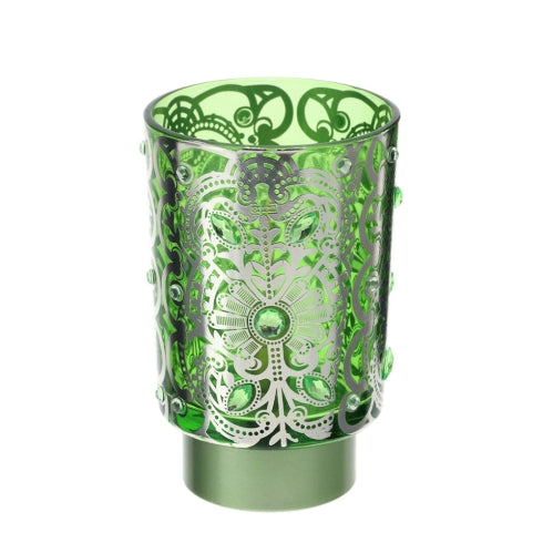 LAMPADA VETRO BISANZIO VERDE DIA.10X15CM TEXTUR ARG.C/PIETRE VERDI LAMP.LED BATTERIA S.R.