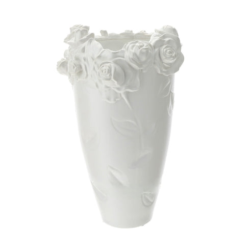 Vaso Scultura Bianco in Grès con Rose - Ø35x51cm HERVIT